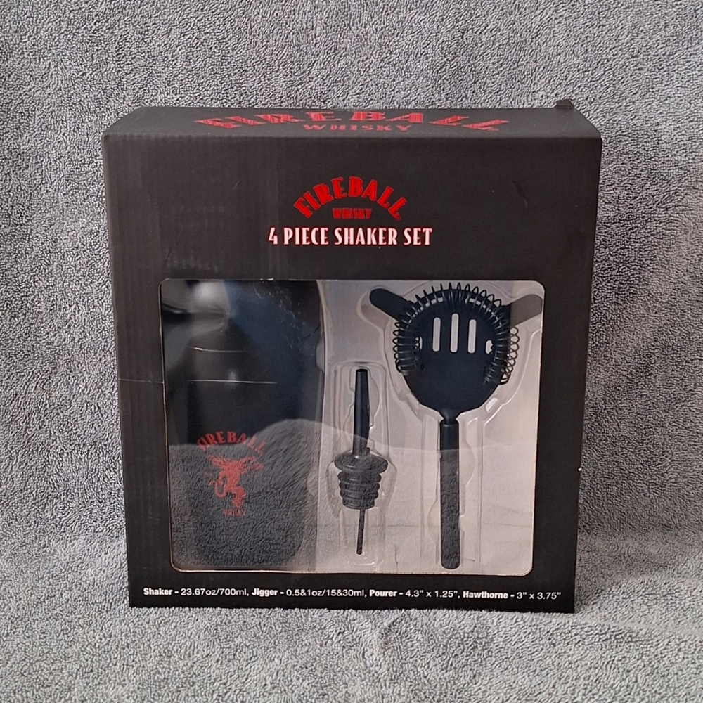 FIREBALL® 4 PIECE SHAKER SET(Hawthorne Strainer, Shaker, Jigger) NWT